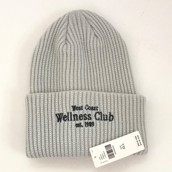 ANTHROPOLOGIE Beanie Hat Wellness Club Daily Practice Gray Embroidered Ribbed - Picture 3 of 13